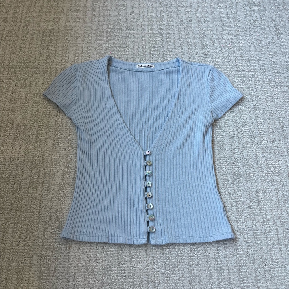 Reformation blue button down Gellar top